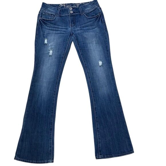 Refuge Knock Out Skinny Bootcut Jeans Women's Sz 8R Blue Distressed Flap Pockets - Picture 1 of 16
